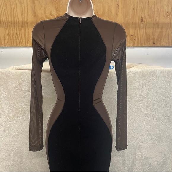Naked Wardrobe long-sleeve brown Velvet dress sheer sides women’s small New - Picture 4 of 10